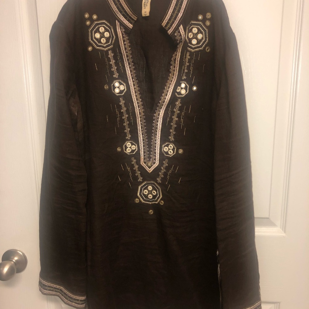 Brown linen beaded top tunic top